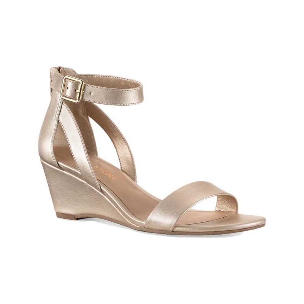 SUN STONE Womens Gold Slip Resistant Jossie Round Toe Wedge Buckle Sandals 9